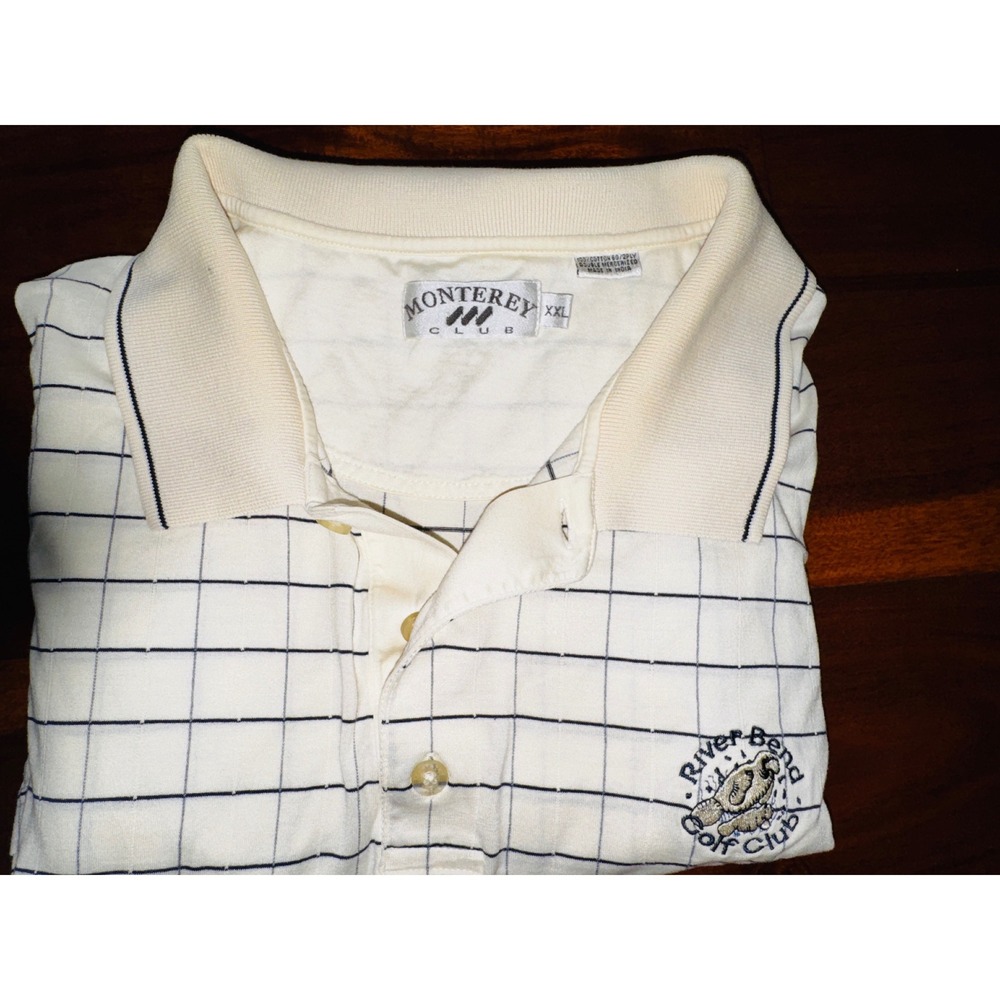 Monterey Club Polo Shirt Mens XXL Cream Grid Excellent River Bend Golf Club